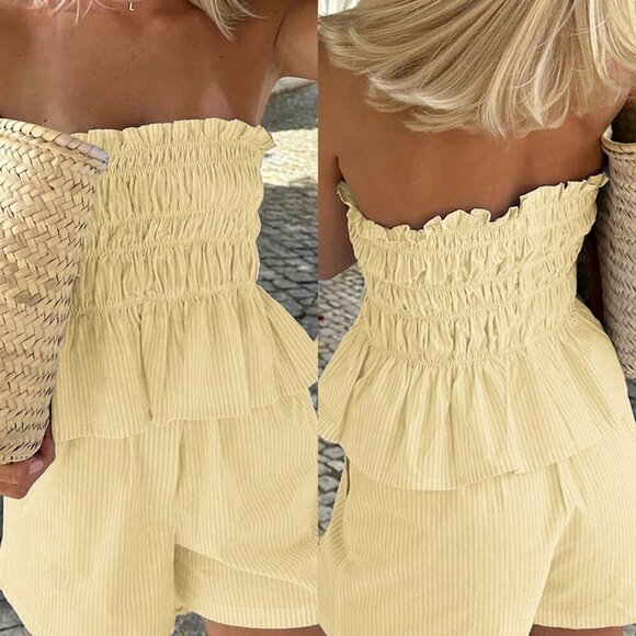 Yellow Boho Womens Striped tube Top And Shorts Set - Picture 1 of 11